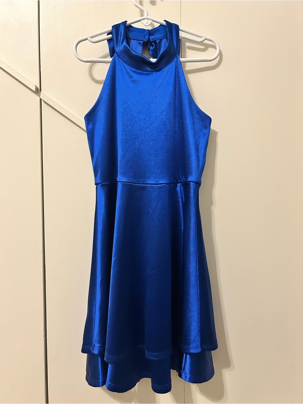 Girls Royal Blue Satin Halter Fit & Flare Dress